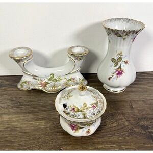 Vintage Chodziez Poland Floral Porcelain Vase Sugar Bowl Candle Holder Set of 3